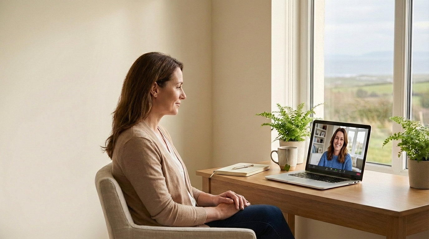 Online therapy session showing a client in a comfortable home environment having a video call with a therapist
